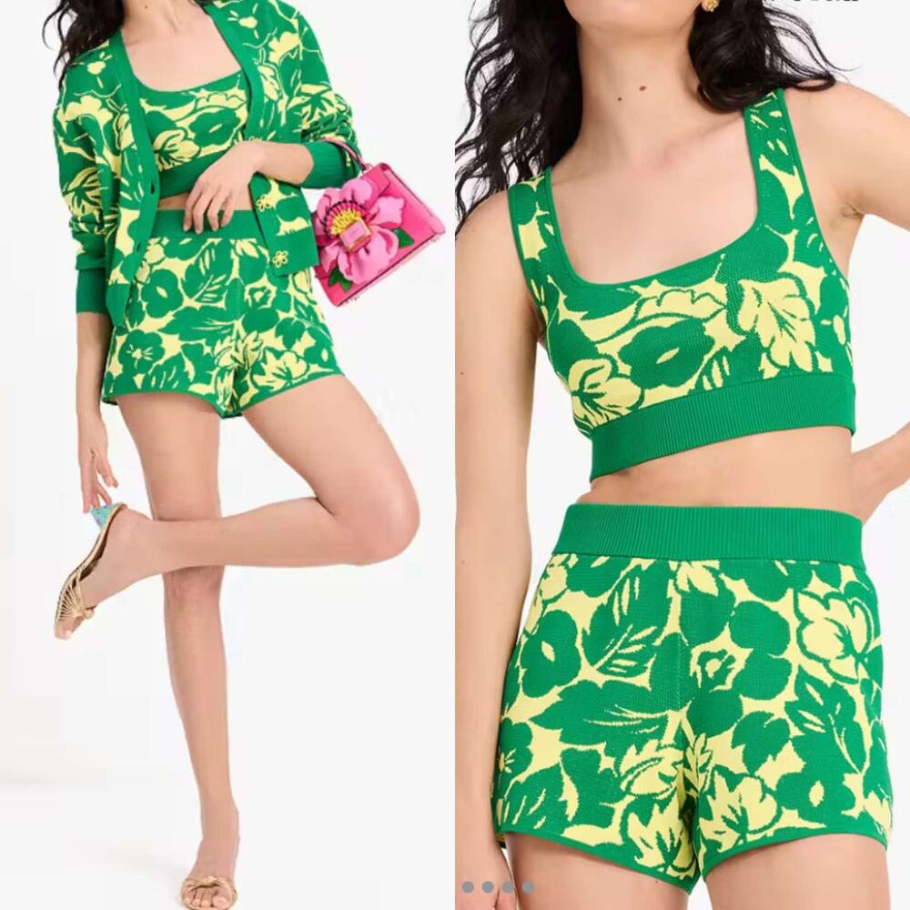 Kate Spade Tropical Foliage Knit Green Pull-On Shorts $198 Size M Medium